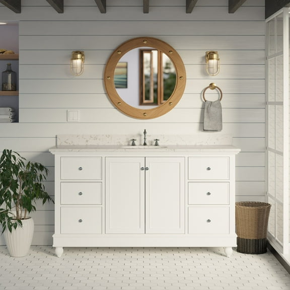 Bella 60" Single Bathroom Vanity with White Cabinet and Engineered Marble Top