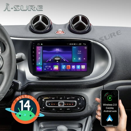 2 64GB Android 14 Car Radio Stereo for Smart Fortwo III Forfour 2014-2022, Wireless CarPlay Android Auto GPS Navi Wi-Fi Bluetooth SWC DSP FM RDS USB