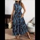 thumbnail image 5 of Vestido Maxi Floral de Verano para Mujer, Cuello Abotonado, Cintura Anudada, Volantes Escalonados, Sin Mangas, Estilo Bohemio, Azul M, 5 of 9