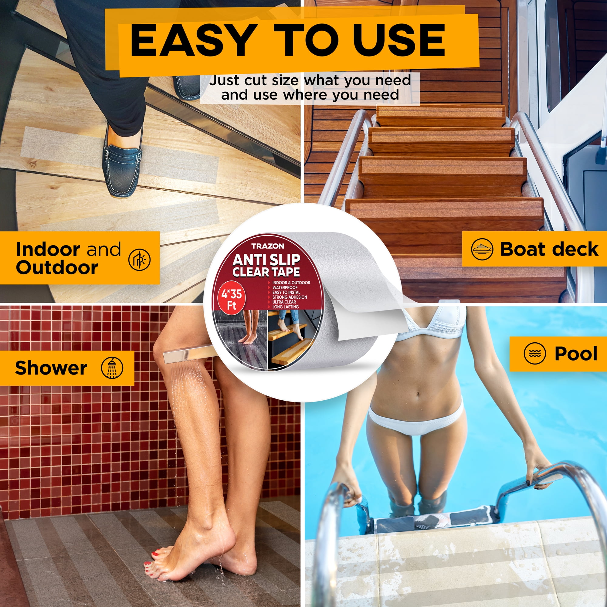 Trazon Clear Anti Slip Tape, 4 Inch x 35 Ft, Non-Slip, Waterproof, Safety for Stairs, Bathtub, Pool