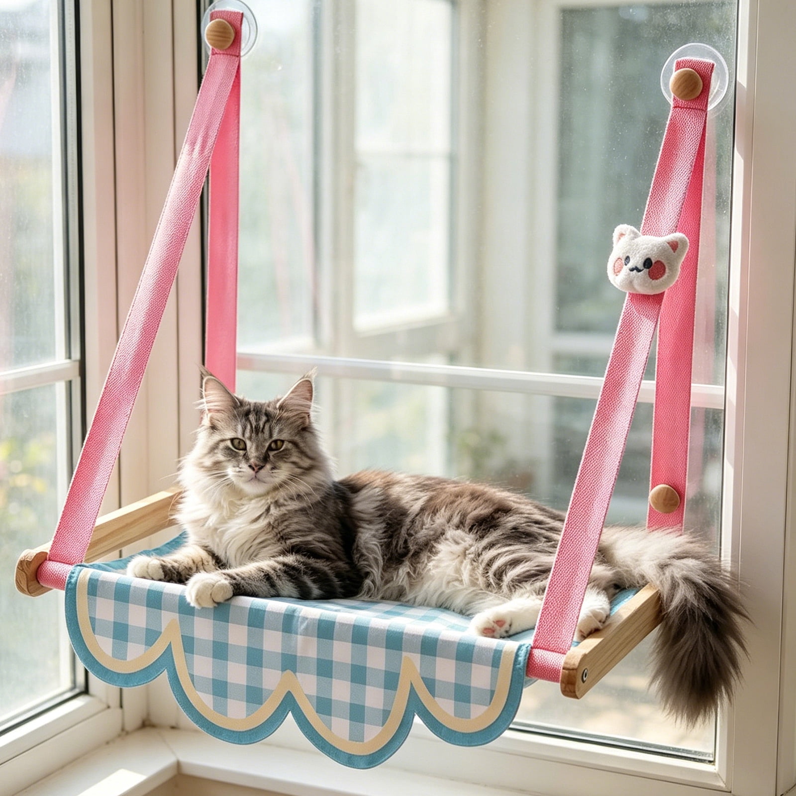 Hanging Window Cat Hammock, 360° Panoramic View Window Perch, Canvas Bed, 4 Heavy-Duty Suction Cups, Space-Saving Cat Lounge(15.7"*19.3",Blue)