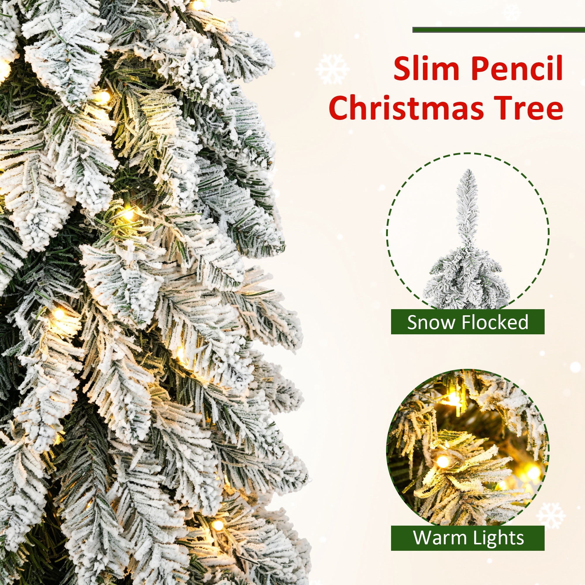 Set of 3 Snow Flocked Pre-Lit Pencil Christmas Tree, Slim Artificial Xmas Tree with Warm White LED Lights, Metal Base, Indoor Holiday Decor