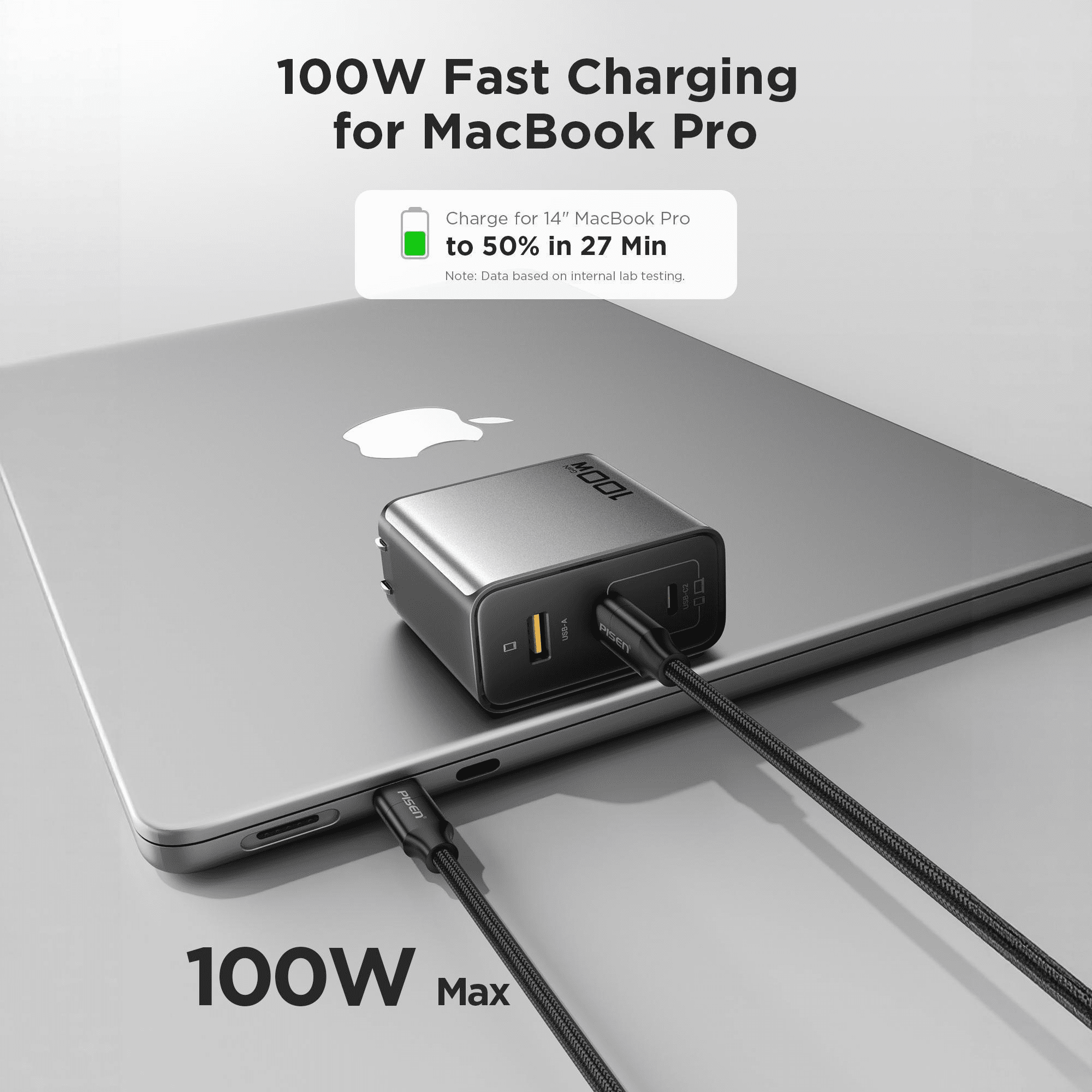 PISEN 100W USB C Charger - 3-Port GaN USB C Charging Block with 6FT Type C Cable, Foldable Plug phone charger,100W Fast Charging for iPhone 17/16 and more serie, Samsung, Pixel, iPad