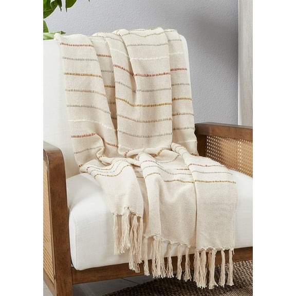 Fennco Styles Textured Stripe Throw Blanket with Tassel 50" W x 60" L – Ivory Woven Line Blanket for Bed, Couch, Sofa, Holidays, Home Décor and Office Décor