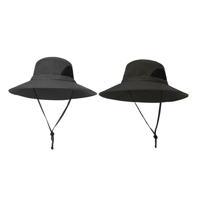 2 piezas de sombreros de sol de ala ancha para hombre y mujer, gorra de pesca de verano ajustable - Ejército Verde militar + gris oscuro