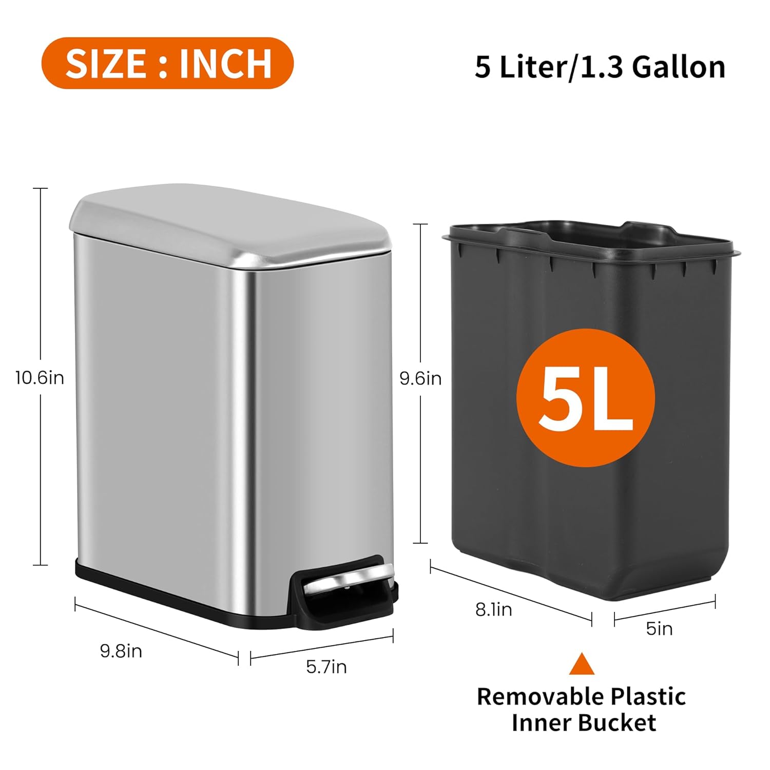 BIQWBIC 5L/1.3 Gallon Stainless Steel Trash Can with Lid – Foot-Operated Portable Garbage Bin with Removable Bucket for Bathroom, Office, Bedroom (1 Pack, Silver)