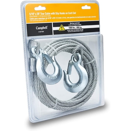 Campbell 5977920 Uncoated Tow Cable with Slip Hooks on Each End in Clamshell, 5/16" Diameter, 20' Length, 1960 lbs Working Load Limit