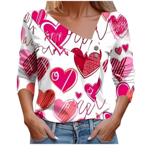 asdoklhq Vintage Valentine's Day T-Shirts for Women Women's V-neck Printed Button Long Sleeved Shirt T-shirt Multicolor XL