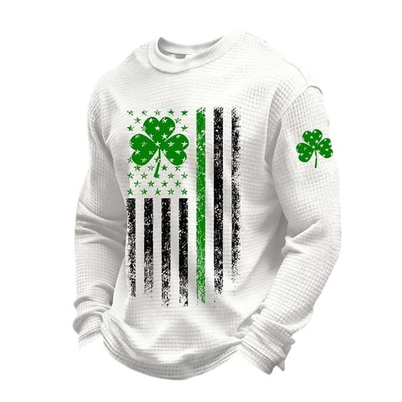 IWRICH Men's St. Patrick's Day Printed Casual Tops American Flag Shamrock T Shirt Waffle Long Sleeve Fashion Tees White XL
