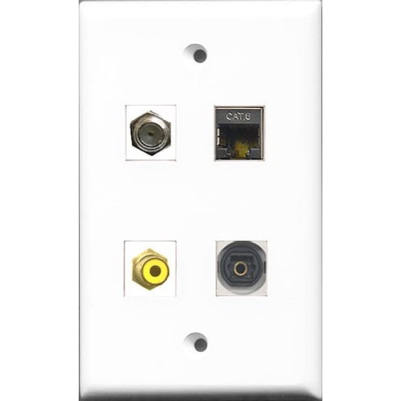 RiteAV 1 Port RCA Yellow and 1 Port Coax Cable TV- F-Type and 1 Port Shielded Cat6 Ethernet and 1 Port Toslink Wall Plate
