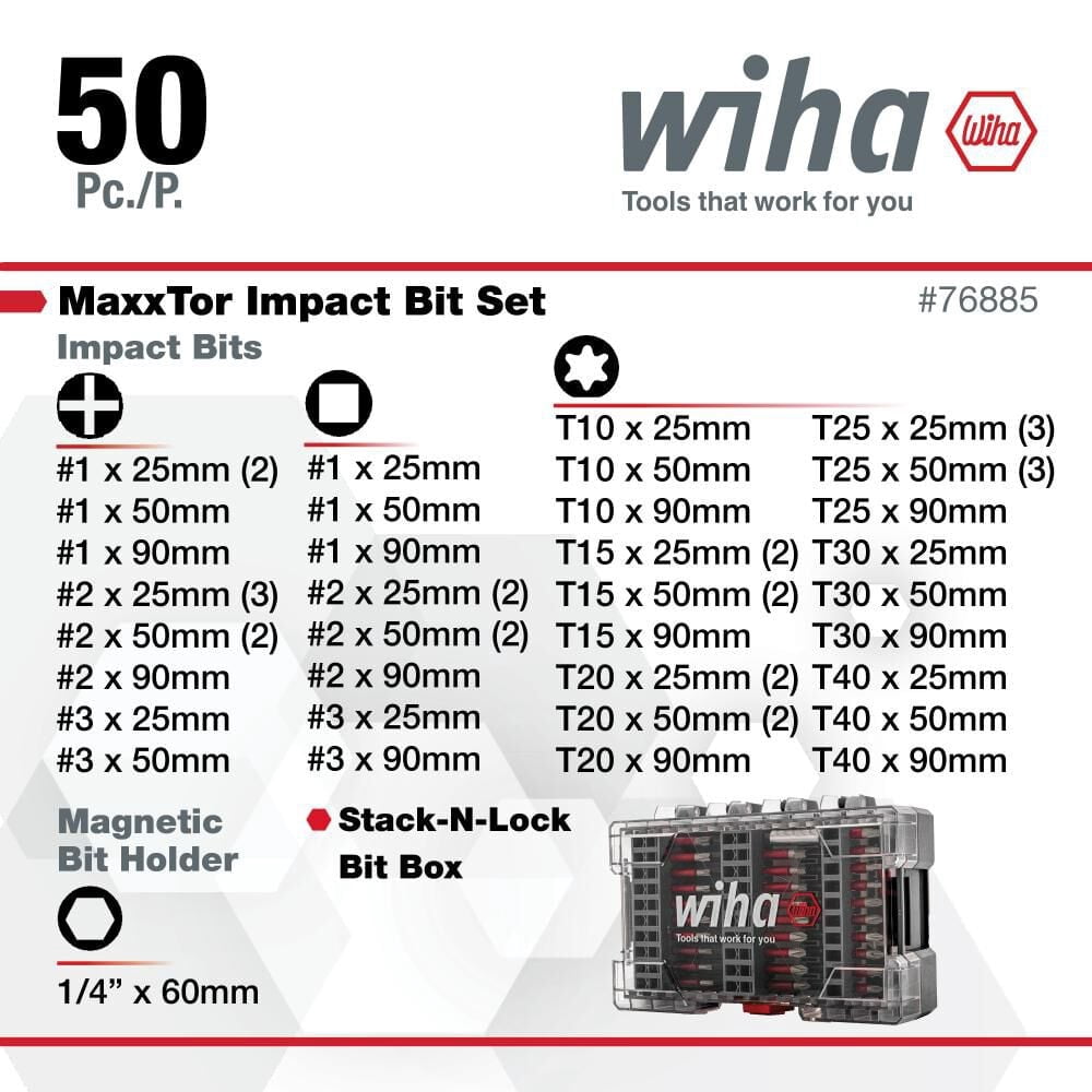 Wiha 50 Piece Maxxtor Impact Bit Set