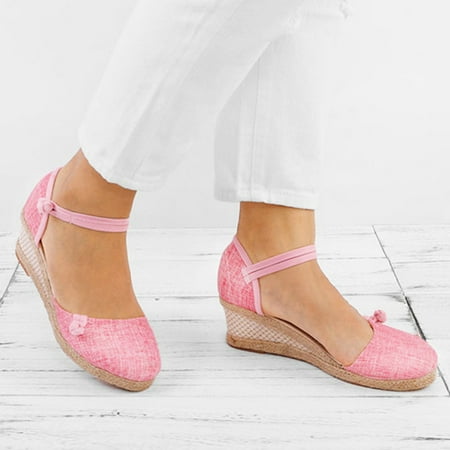 

HIBRO Women Ladies Retro Linen Canvas Wedge Round Toe Casual Sandals Singles Shoes