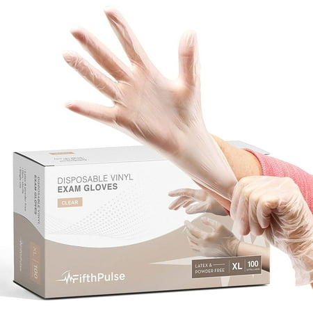 Fifth Pulse Vinyl Gloves, Multifunction Medical Grade Exam, Kitchen Gloves, All-Purpose Industrial Disposable Gloves Latex Free, Powder Free - Clear - Box of 100 Gloves (XL)