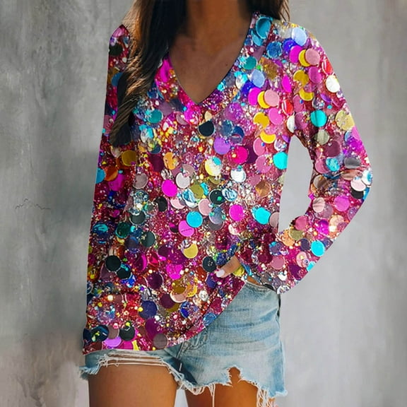 Blmnix Fashion Women's Workout Tops V-Neck Sequin Tees Long Sleeve Streetwear Womens T Shirts