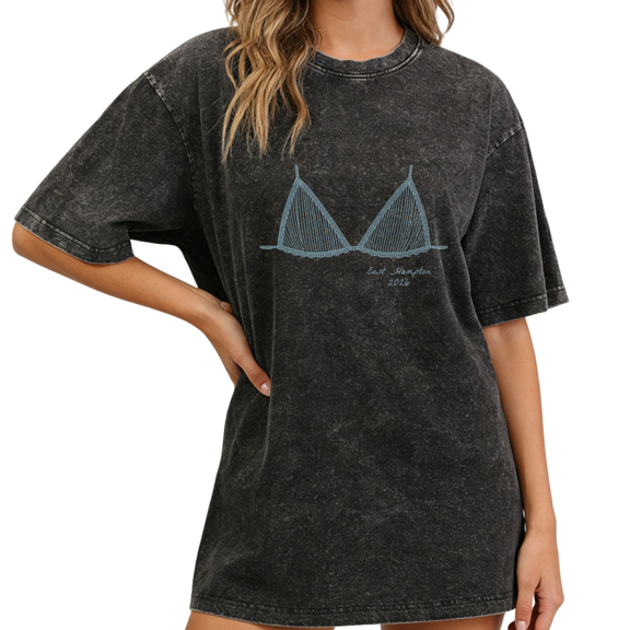 Womens S-2XL Vintage Washed Black Graphic Tee with Bikini Print Casual Short Sleeve Crew Neck Summer Top