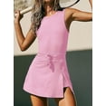 thumbnail image 4 of Women Tennis Dress Sleeveless Crew Neck Sports Dress Hollowed Backless Bodycon Slit Casual Mini Dress Tie Front Tank Dress with Built-in Shorts for Vacation, 4 of 7