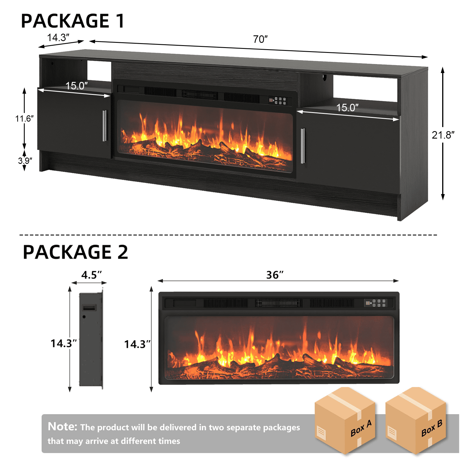 Rocyis 70” TV Stand with 3D Realistic Log Flame Electric Fireplace, Entertainment Center for TVs Up to 80-Inch, Modern TV Console with High Glossy Doors & LED Lights, Black