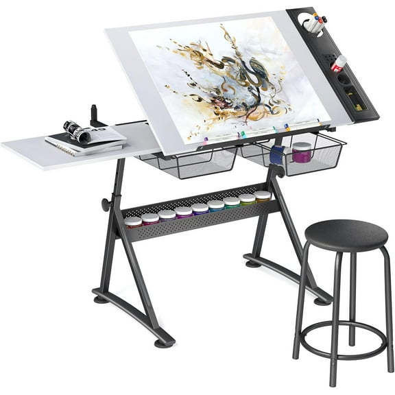 Adjustable Height Drafting Table with Wood Top, Art Craft Desk with Slide-Out Drawers, Storage, for Drawing, Writing, Painting, and Creative Tasks, Ideal for Home Office, White