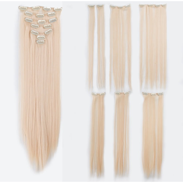 SWACC Extensiones de cabello sintético con clip para mujer, 22 pulgadas, cabeza completa recta, 7 piezas separadas, resistentes al calor (rubio claro-613#)