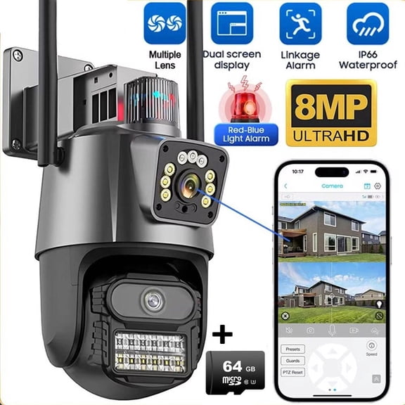 Outdoor Security Camera 4K 8MP HD Dual-Lens Wifi PTZ Surveillance Camera,Auto Tracking,Surveillance Police Light Alarm,Color Night Vision