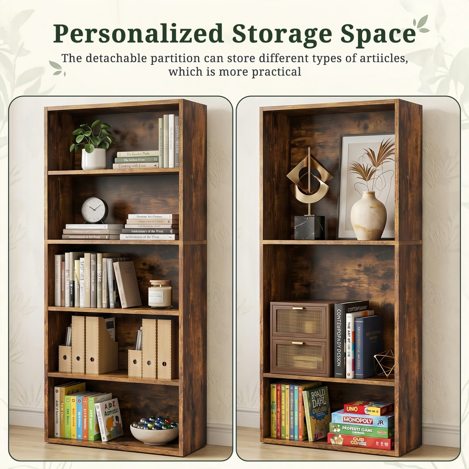 Kelno 5 Tier Vintage Bookshelf 53" Freestanding Wood Bookcase with Adjustable Shelf Anti-Tip Kit, Rust