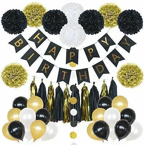 Bipra 85 Pieces Black & Gold Party Decorations - Includes Happy Birthday Banner