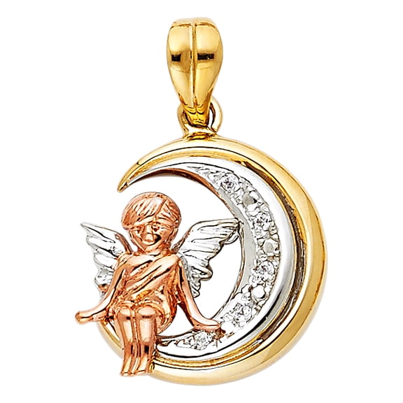 14k Tri-Color Gold Crescent Moon Guardian Angel Pendant Charm Jewelry Female Unisex