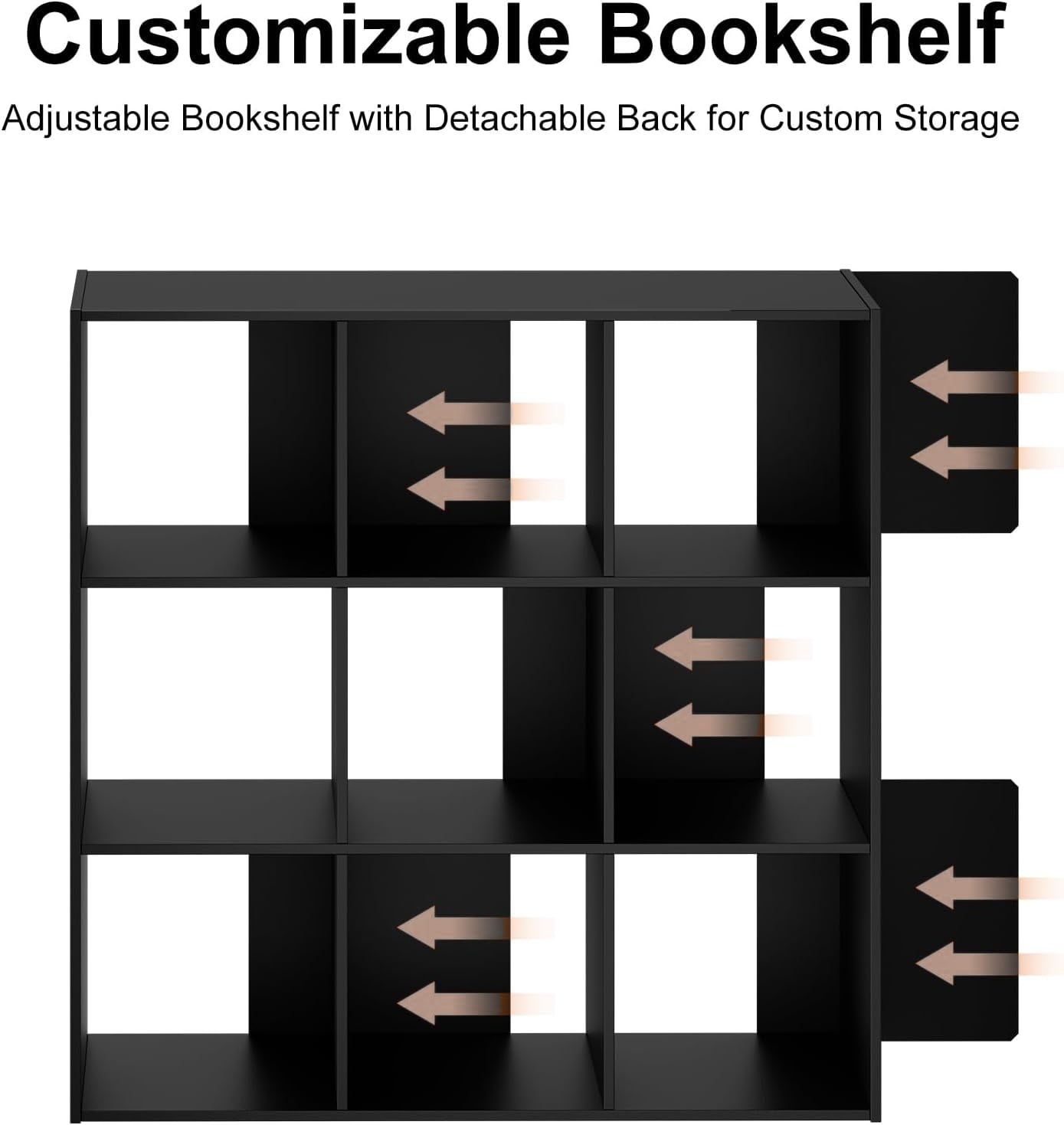 9 Cube Storage Organizer, Open Back Bookshelf with Removable Panels, Vertical or Horizontal Placement, Stackable Bookcase for Living Room, Bedroom, Home Office, Black