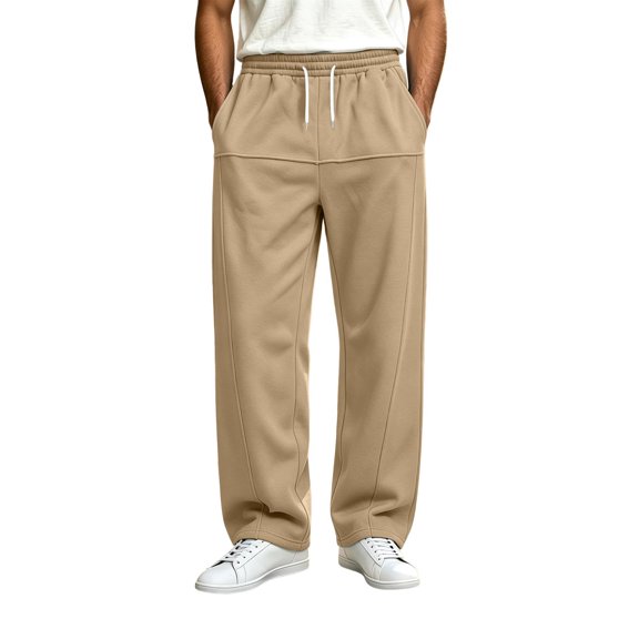 Fsgntruao Sweatpants for Men Wide-Leg Drawstring Elastic Waist Solid Color Casual Loose with Pocket Athletic Trousers Khaki,L
