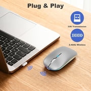 SANPTENT LED Wireless Mouse, Slim Rechargeable Silent Mouse, 2.4G Portable USB Optical Computer Mice with USB Receiver - Silver