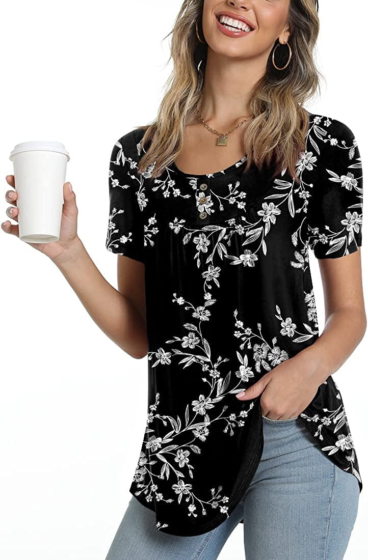 POPYOUNG Women's Summer Short Sleeve Tunic Tops Fit Pleated Blouses