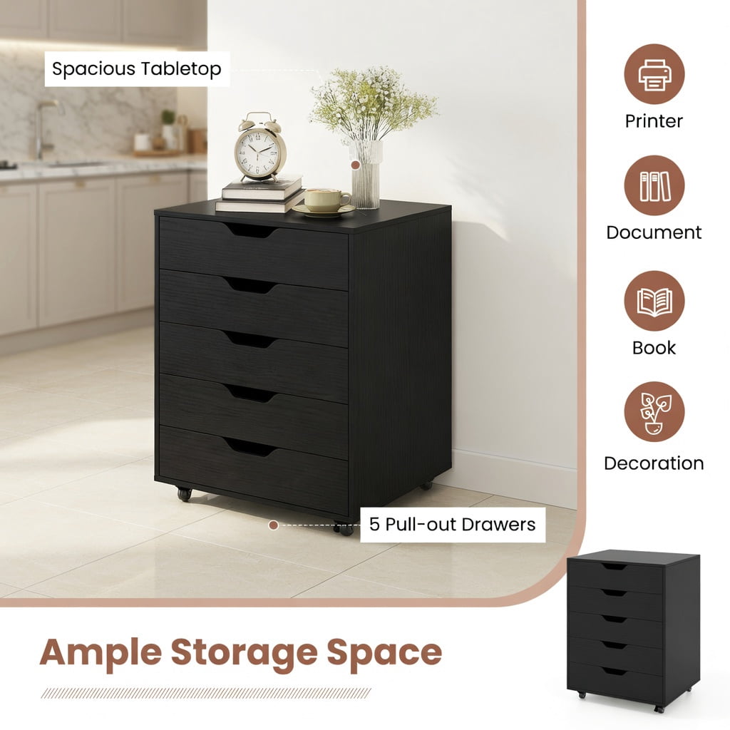 Demi Bonn 5 Drawer Mobile Lateral Filing Cabinet Storage Home Office Floor Cabinet with 4 Wheels, Black
