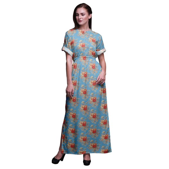 Bimba Rayon Leaves,Groundcover Roses & Miosotis Floral Printed Gown Kimono Sleeves Summer Long Maxi SlitÂ&nbsp;Dress-XX-Large