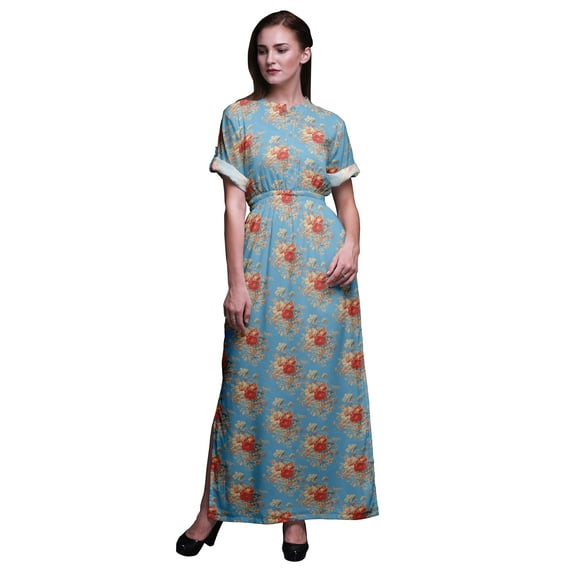 Bimba Rayon Leaves,Groundcover Roses & Miosotis Floral Printed Gown Kimono Sleeves Summer Long Maxi Slit Dress-XX-Large