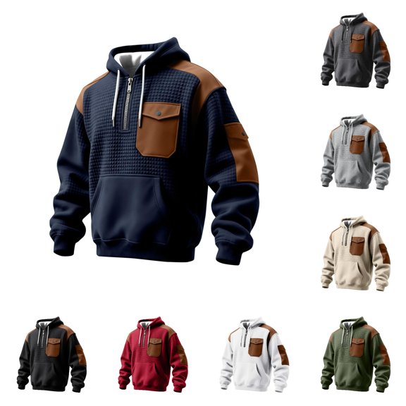 Uikmnh Men's Sweatshirts, Quarter Zip Weave Hooded Sweatshirt Lightweight Pullover Top with Front Pocket Comfortable Casual Streetwear, Hoodies for Men,L