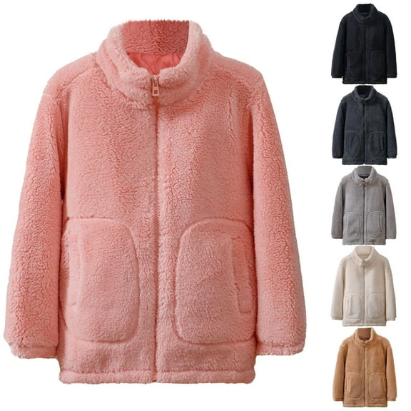 Mwjwdo Solid Full-Zip Polar Fleece Jacket for Children Boy Girl Fuzzy Sherpa Coat Kids Fall Winter Warm Coats Beige 150