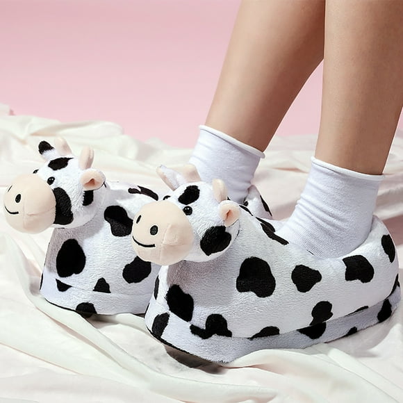 Qertyioot Liquidation Mignonnes Pantoufles en Peluche Vache Chaudes et Épaisses, Antidérapantes Confortables Chaussures en Coton pour la Maison