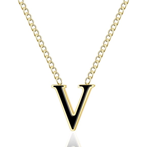 18k Gold-Plated Letter Necklace, Stainless Steel Initial A-Z Pendant Necklaces for Women Girls, Black/Gold , Personalized Chain Necklace