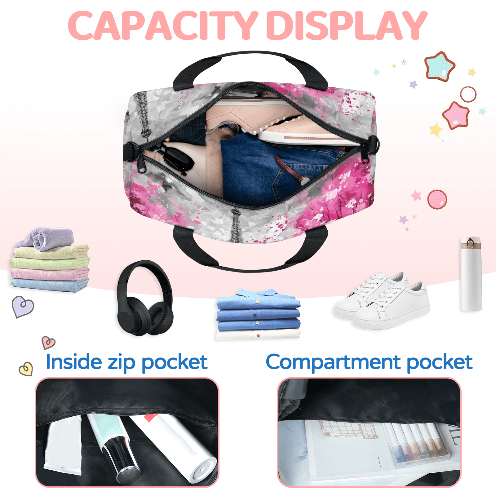 Herdesigns Paris Eiffel Tower Travel Duffle Bag Sports Yoga Weekender Overnight Carry on Workout Bags Lightweight Waterproof Gym Tote Bag for Women