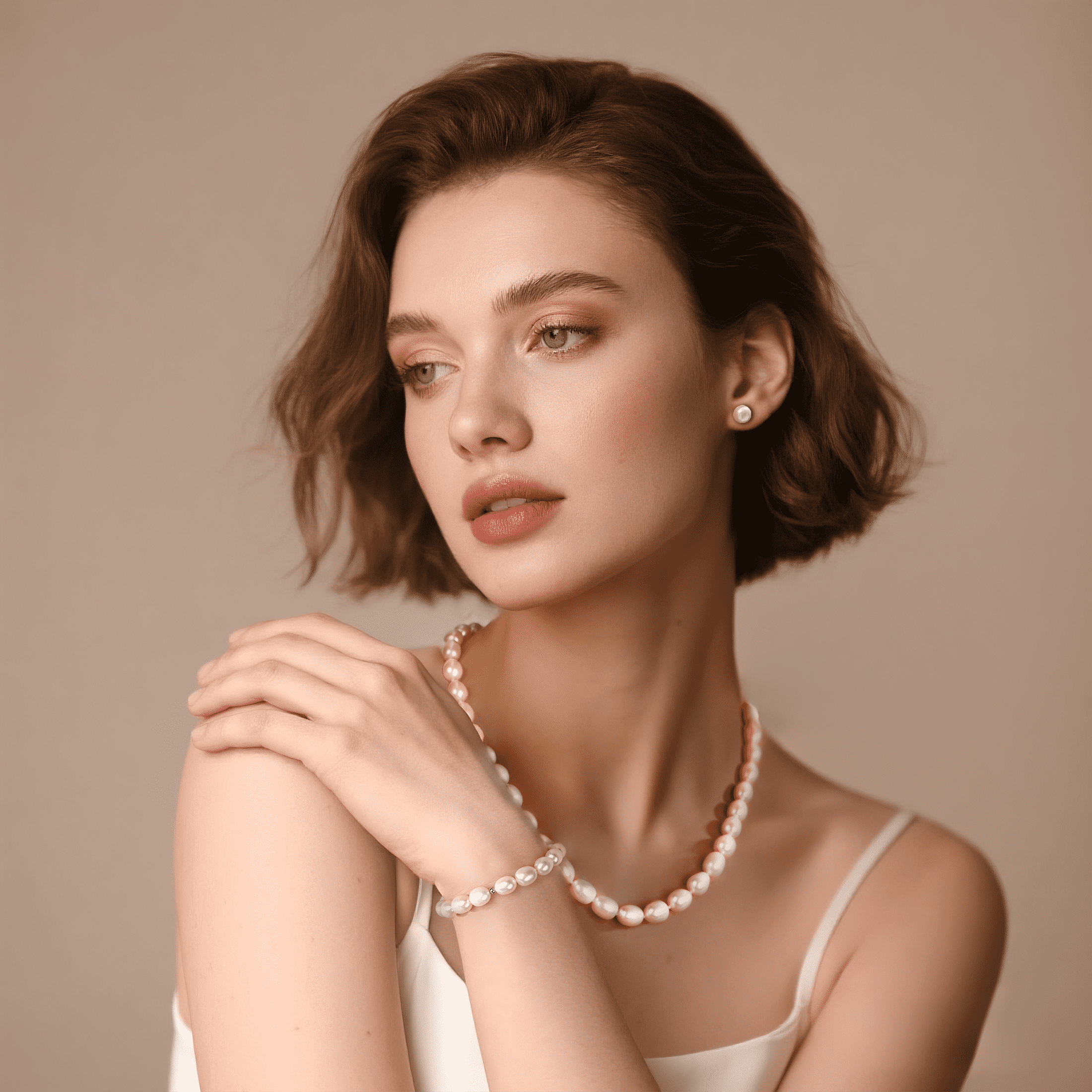 Bamiki 6-7mm Cultured White Pearl Jewelry Necklace Set with Bracelet & Stud Earrings, S925 Sterling Silver Adjustable Clasp Valentine's Day Gift for Her