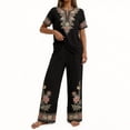 thumbnail image 3 of Floleo Women Boho Two Piece Outfit V Neck 3/4 Sleeve Floral Print Top Wide Leg Pants Vacation Matching Set, 3 of 7