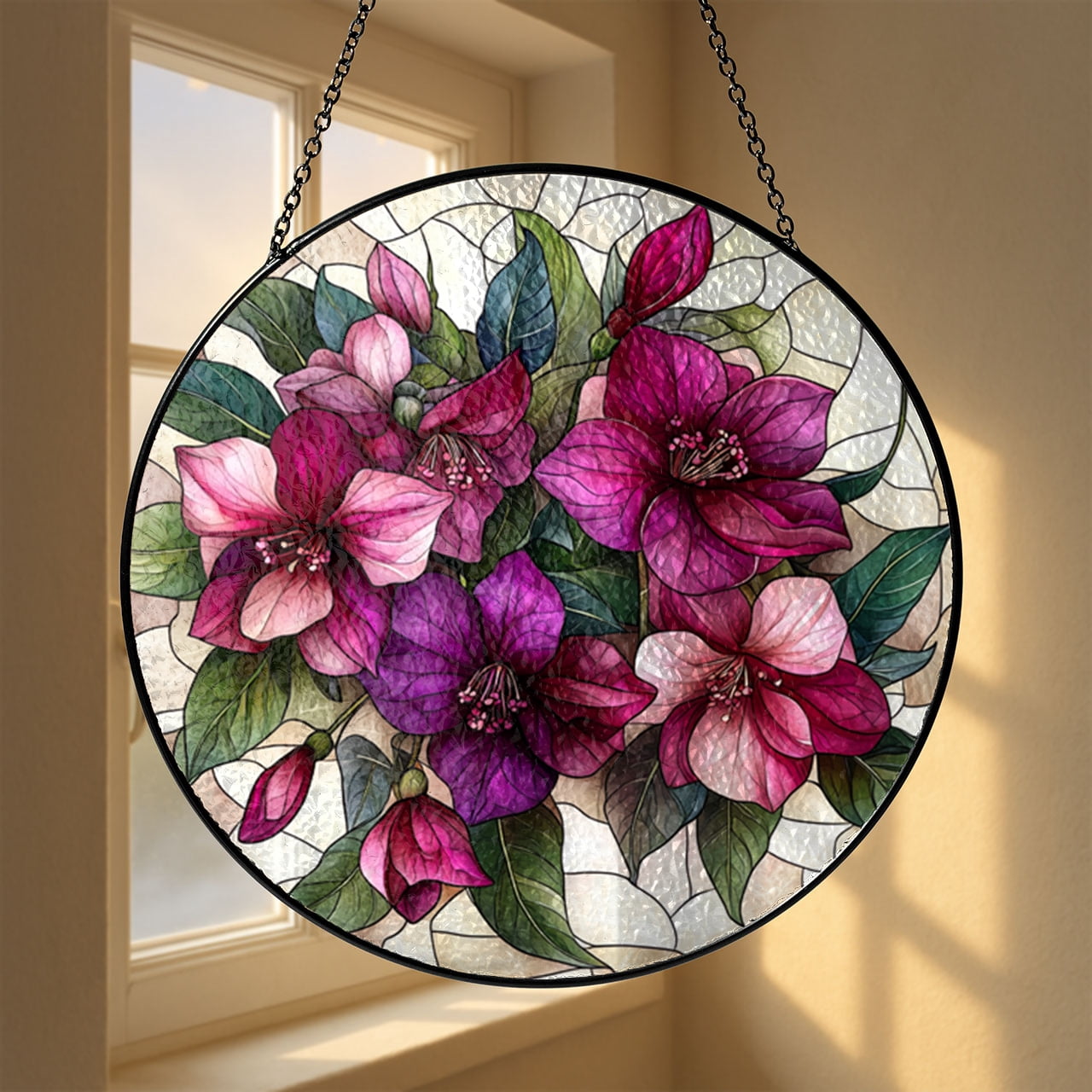 Faux Stained Glass Fuchsia Panel, Exotic Flower Window Decoration