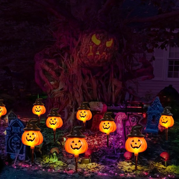 6 Pack Halloween Pumpkin Pathway Solar Lights, Orange Jack O Lantern Stake String Lights for Outdoor Halloween Decorations, Outside Halloween Yard Display Solar LED Halloween Décor Front Porch Decor