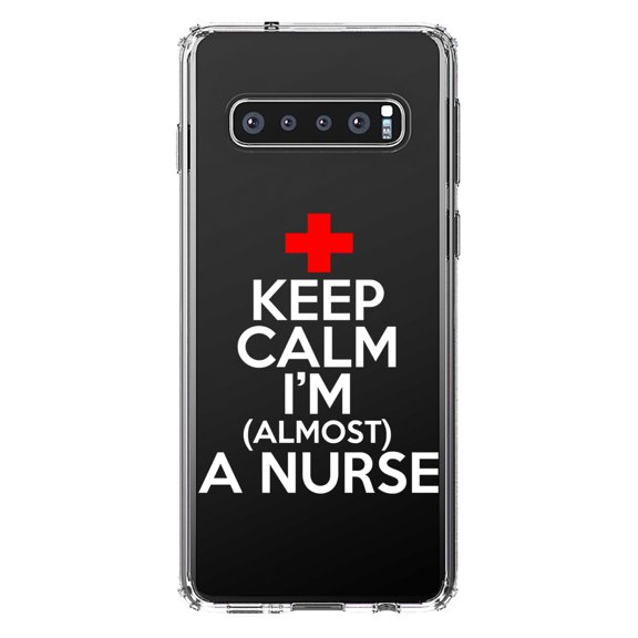 DistinctInk Clear Shockproof Hybrid Case for Samsung Galaxy S10 (6.1" Screen) - TPU Bumper Acrylic Back Tempered Glass Screen Protector - Keep Calm I'm Almost a Nurse