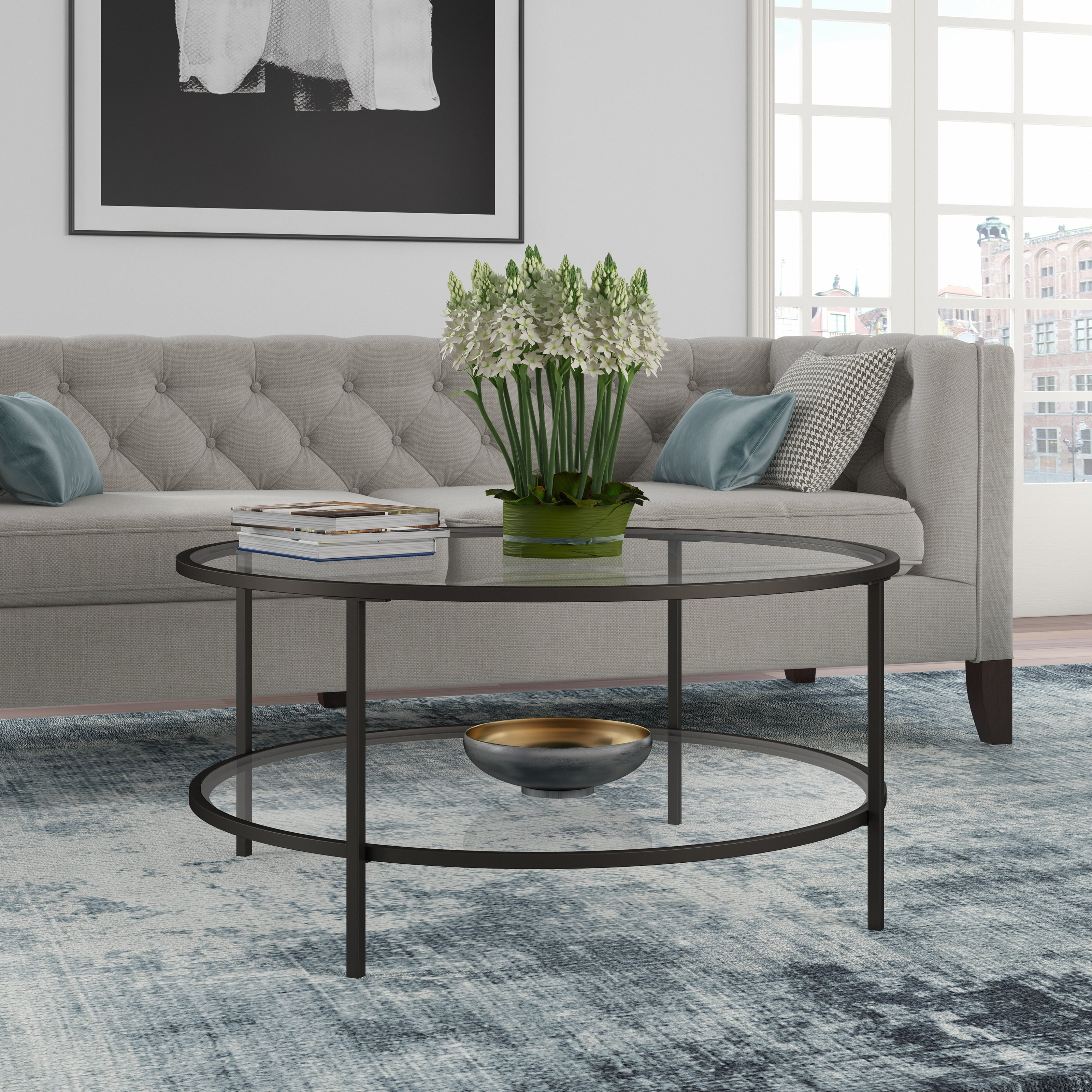Evelyn&Zoe Contemporary Metal Coffee Table with Glass Shelf Walmart