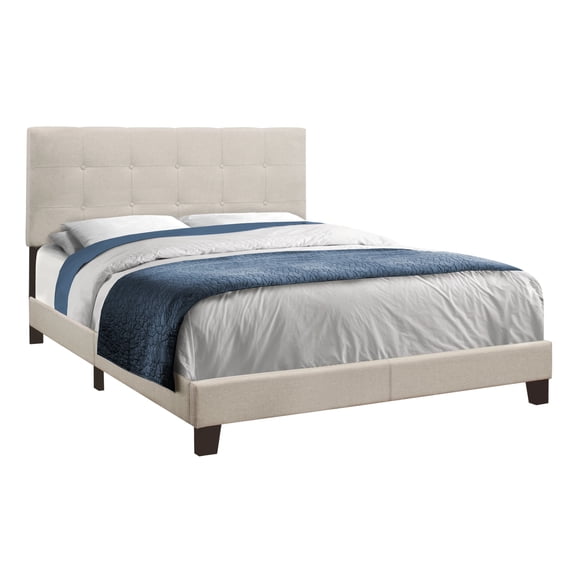 Bed Queen Size Platform Bedroom Frame Upholstered Linen Look Beige Black