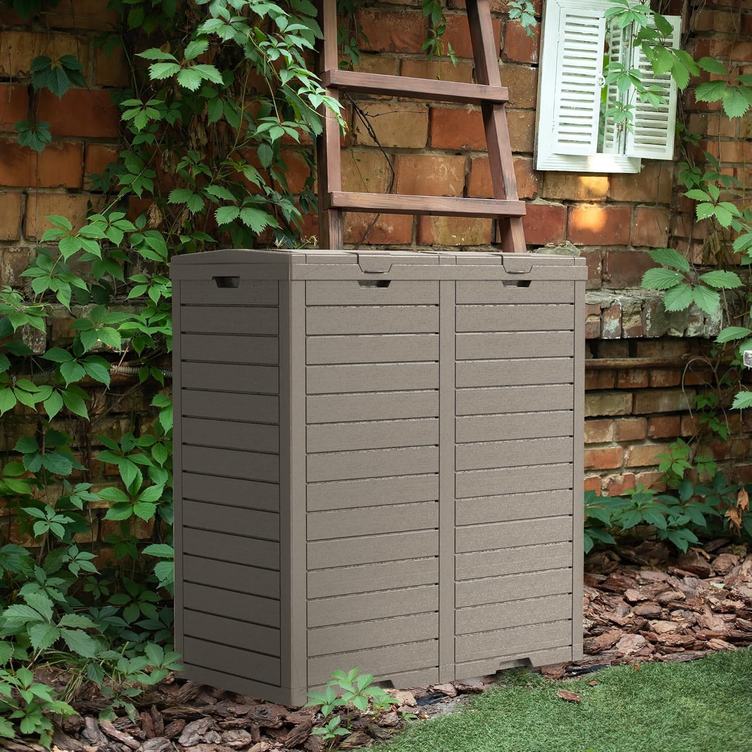 62 Gallon Double Trash Can Outdoor - Resin Garbage Bin Cabinet with Lid & Drip Tray for Patio, Kitchen, Yard - Weatherproof, Easy Assembly (Light Gray, 31"L x 16"W x 34"H)
