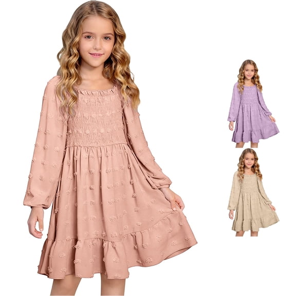 Elegant Long Sleeve Square Neck Ruffle Detail Smocked Waist Casual Party Dress for Girls Comfortable Everyday Wear Kids Cat Dress 11-12 Years