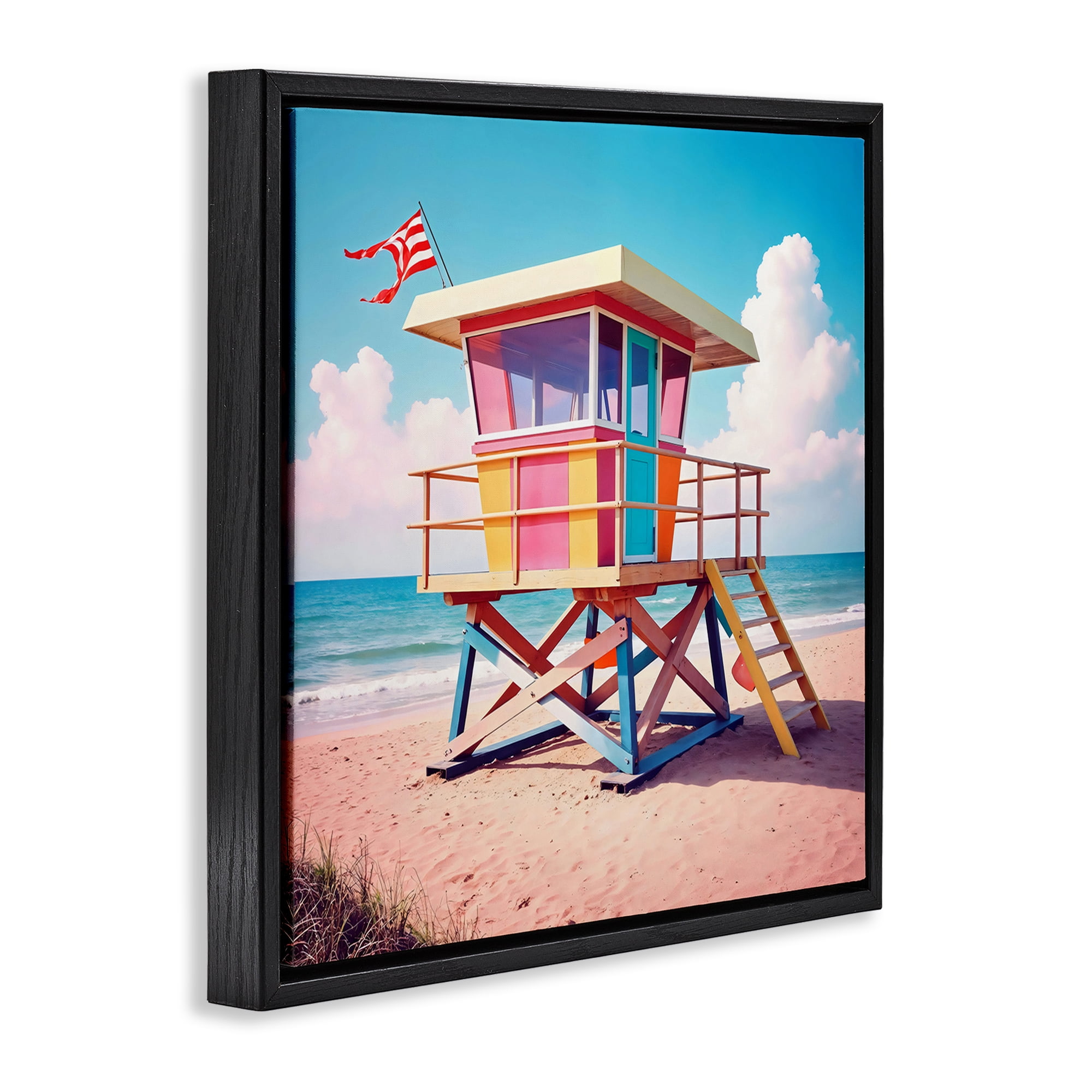 Stupell Industries Colorful Sunny Beach Tower Black Framed Floater Canvas Wall Art, design by Creative Studio