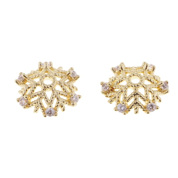 2 piezas de dijes espaciadores de cuentas de flores con diamantes de imitación chapados en oro Copo de nieve 10x4mm